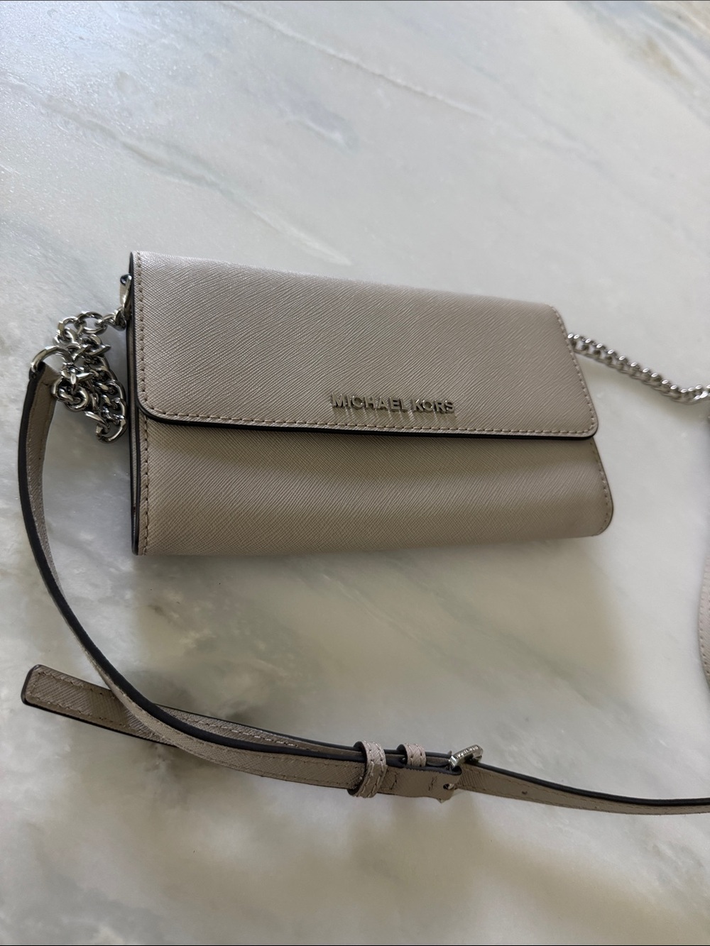 Michael Kors Light Gray Saffiano Crossbody Wallet with Silver Chain